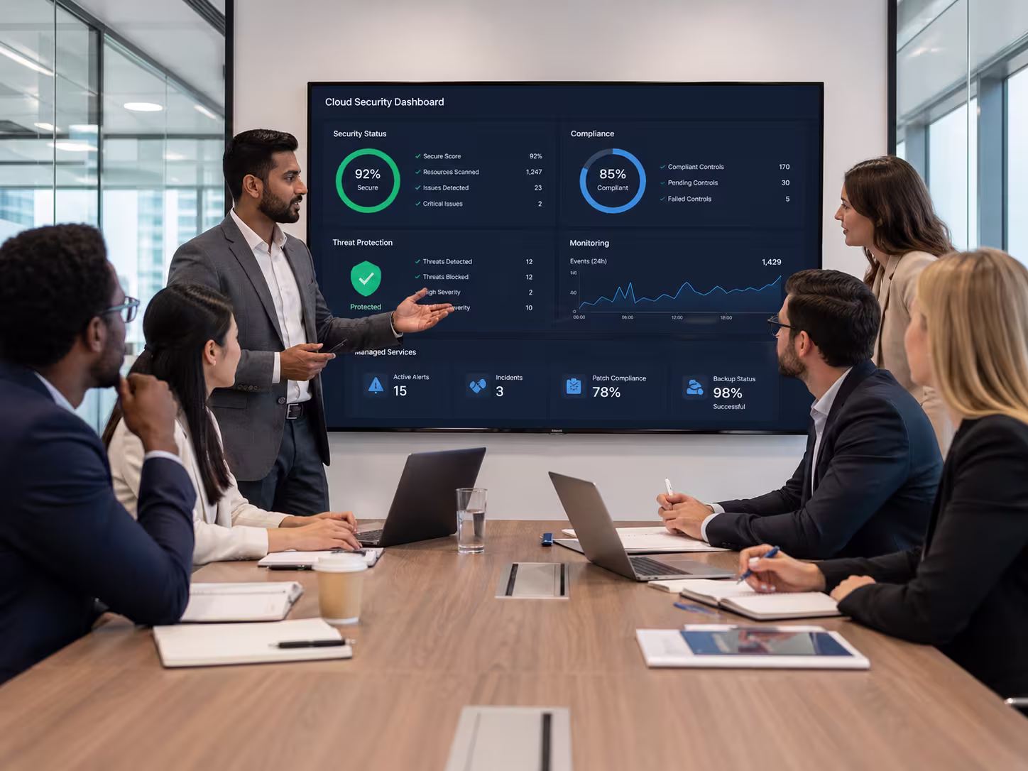 Diverse team discussing managed cloud security services