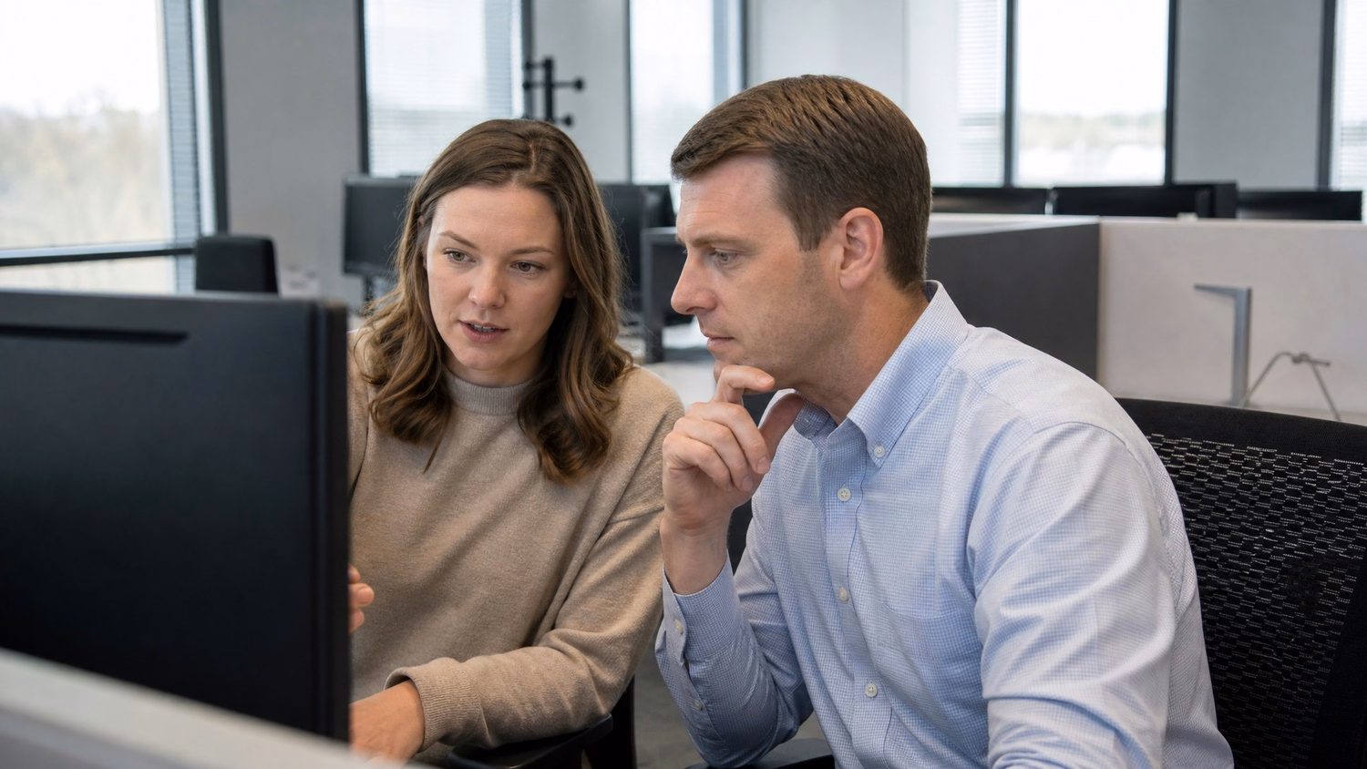 SIDE-BY-SIDE PAIR An IT professional two people seated side by side reviewin