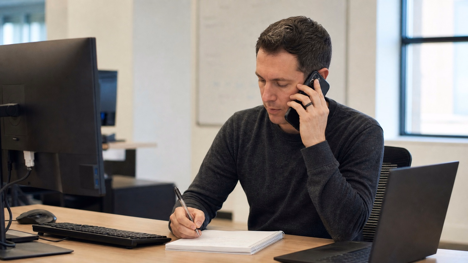 PHONE CALL AT DESK An IT professional one person at a desk with phone to one
