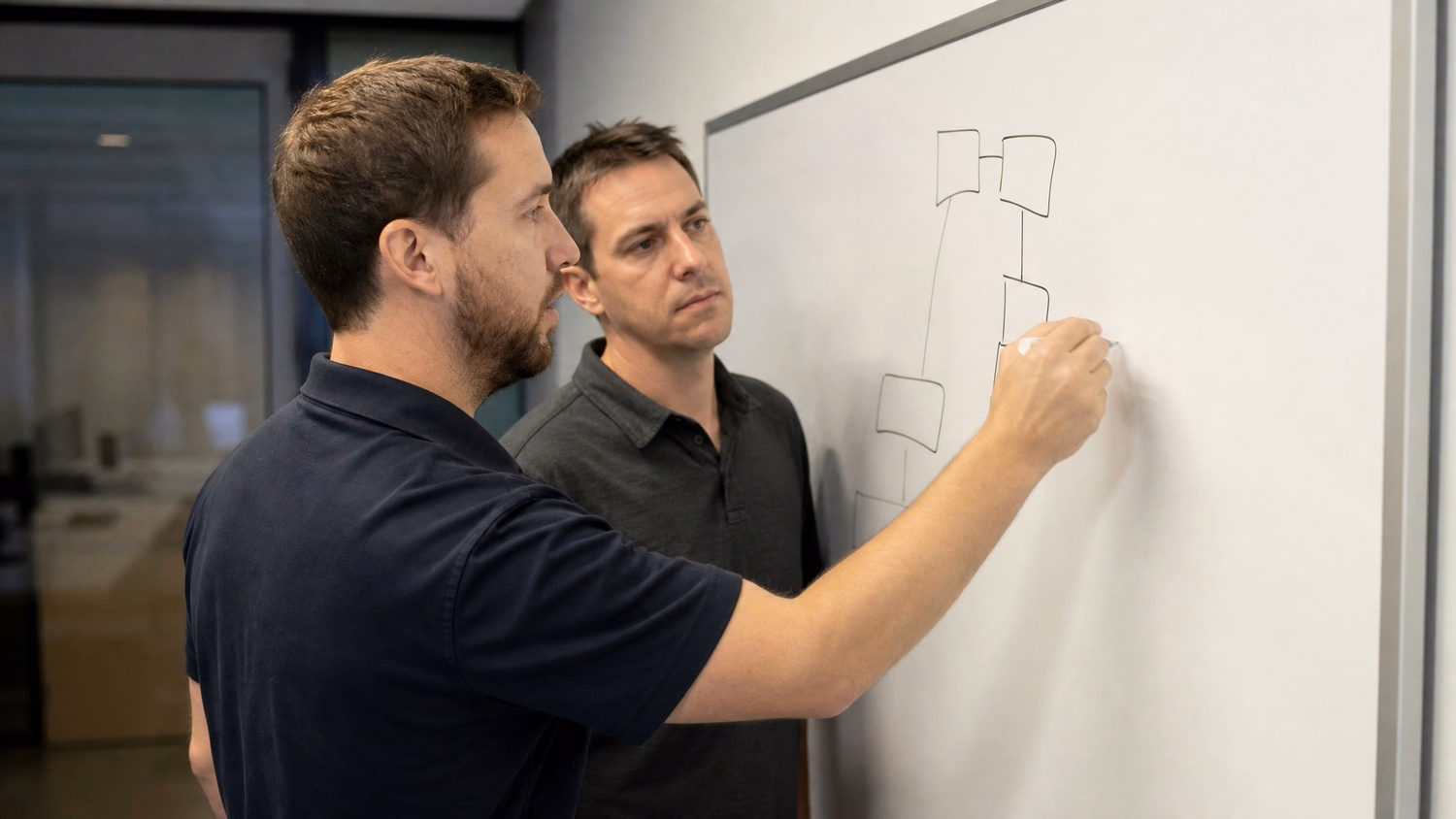WHITEBOARD SESSION An IT professional one or two people standing at a whiteb