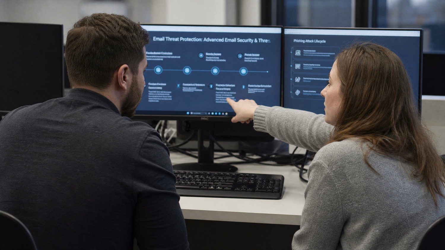 SIDE-BY-SIDE PAIR An IT professional two people seated side by side reviewin