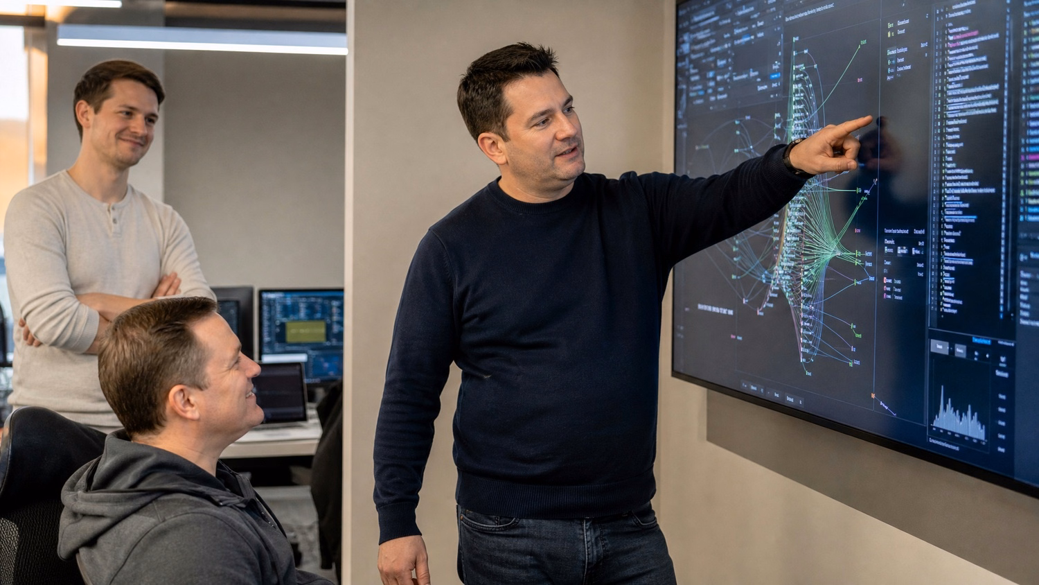 IT professional points at network traffic anomaly on wall screen 68