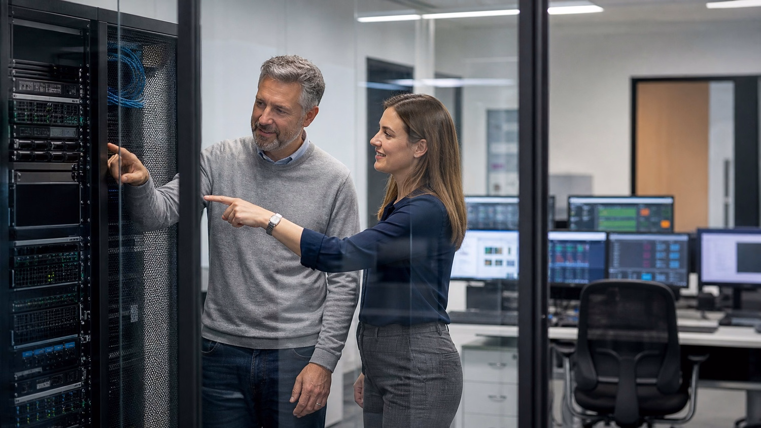 IT professionals review server rack in glass conference room 73 chars