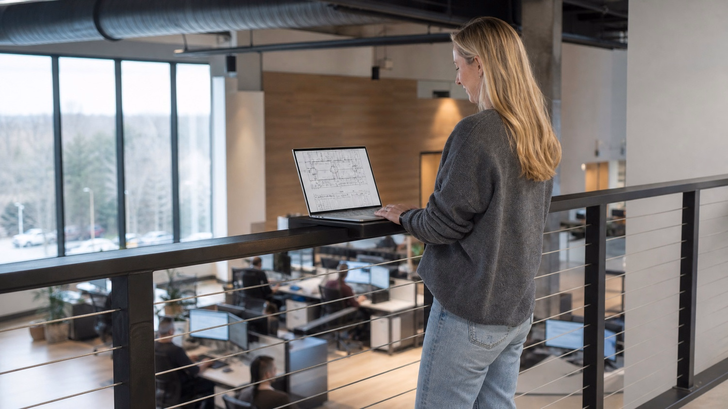 Woman reviews schematics on balcony laptop stand