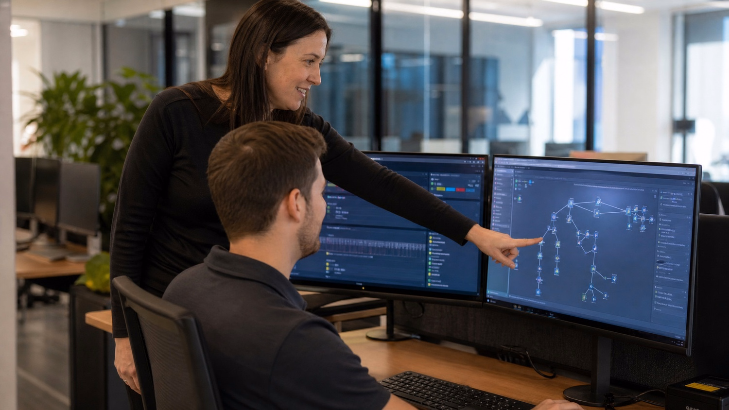Woman consulting man on network diagram at desk
