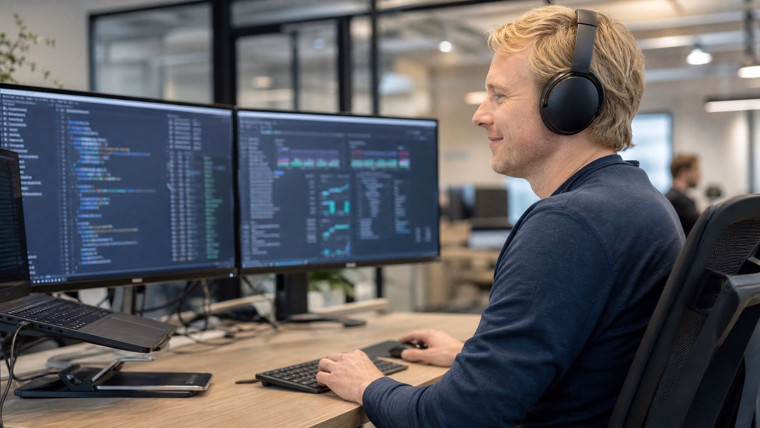 IT consultant reviewing code on dual monitors with headphones