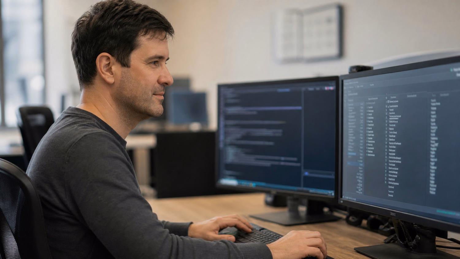 IT analyst reviewing system logs on dual monitors 58 chars
