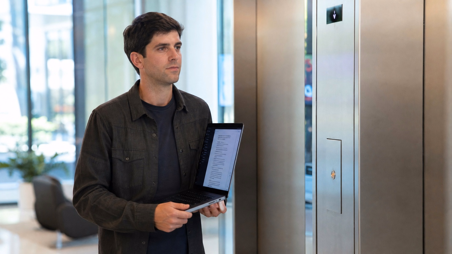 Man with laptop reviews security policy in elevator lobby 61 chars