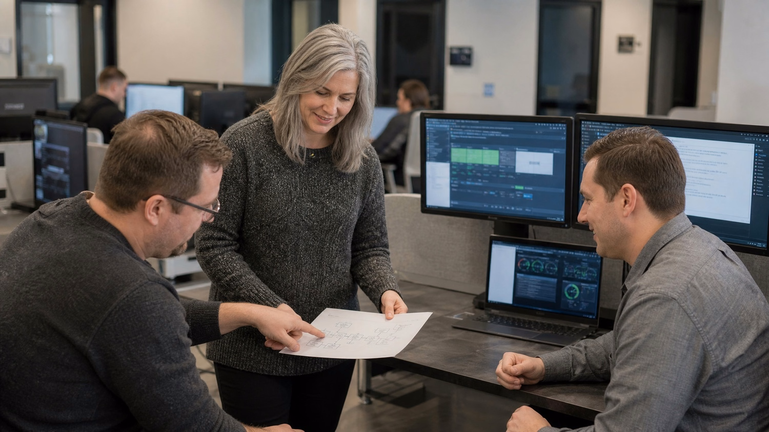 Woman discusses network security with colleagues at desk 64 chars