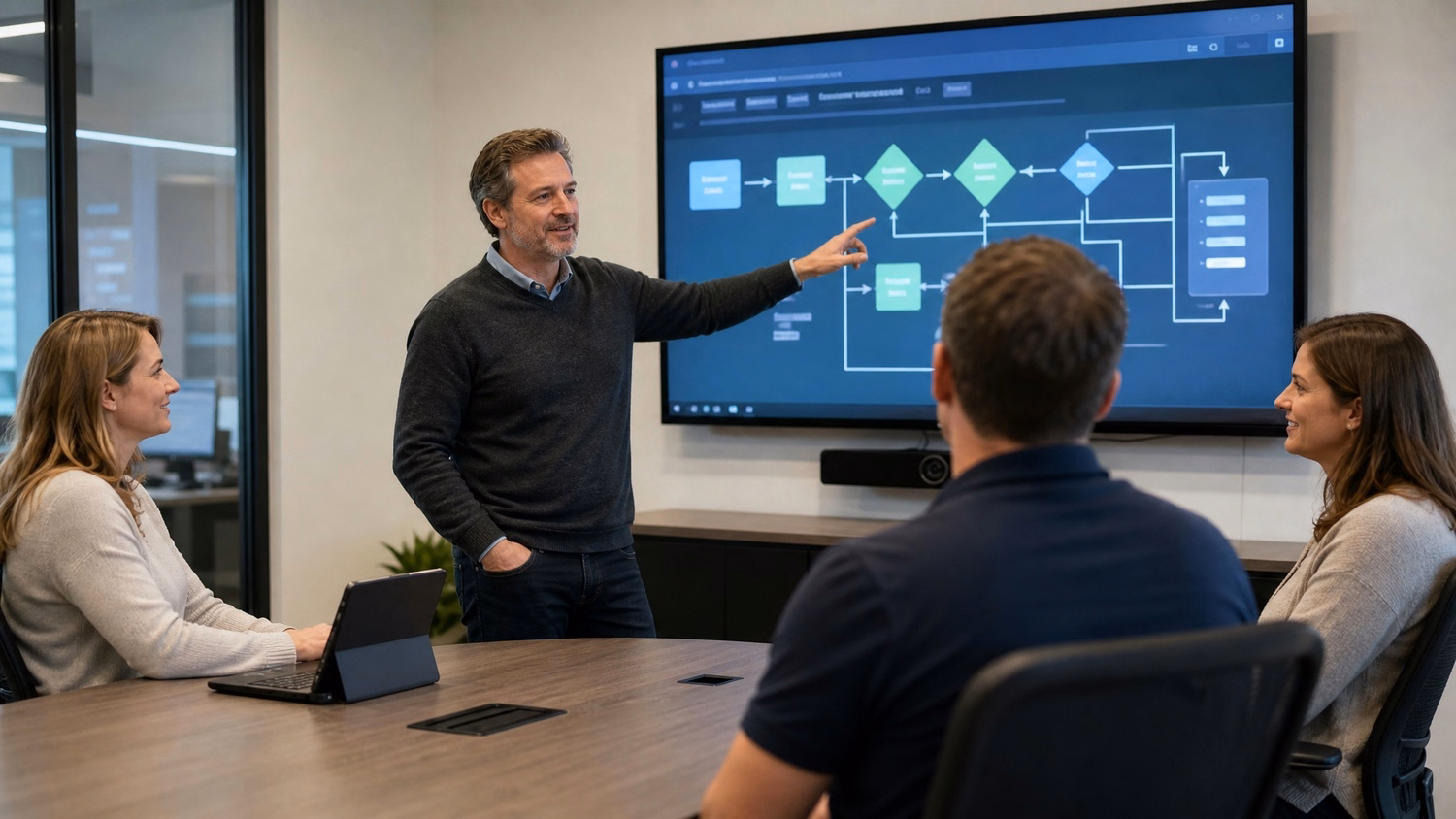 Executive briefing cybersecurity team, gesturing at presentation