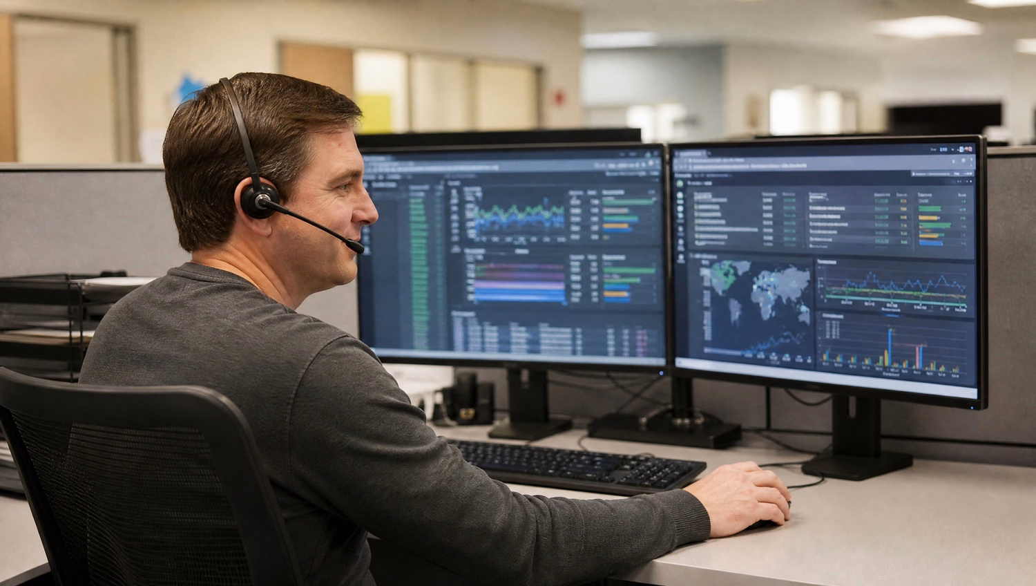 Help desk employee with headset reviews network monitors 66
