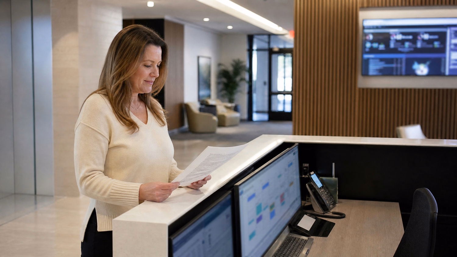 Receptionist reviewing security policy document at desk