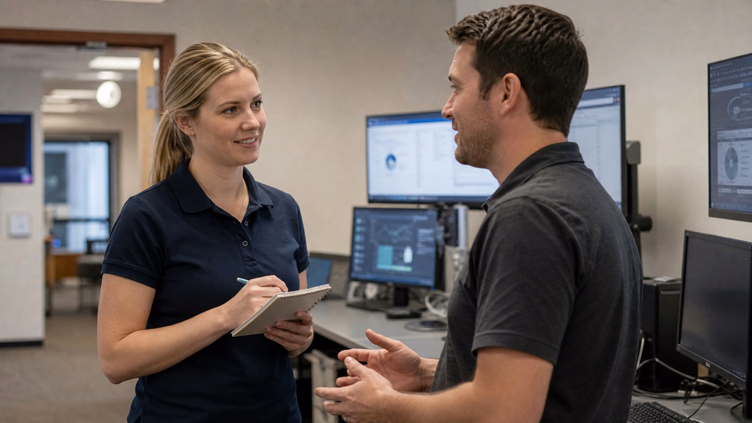 Colleagues chat in breakroom, woman holds notepad