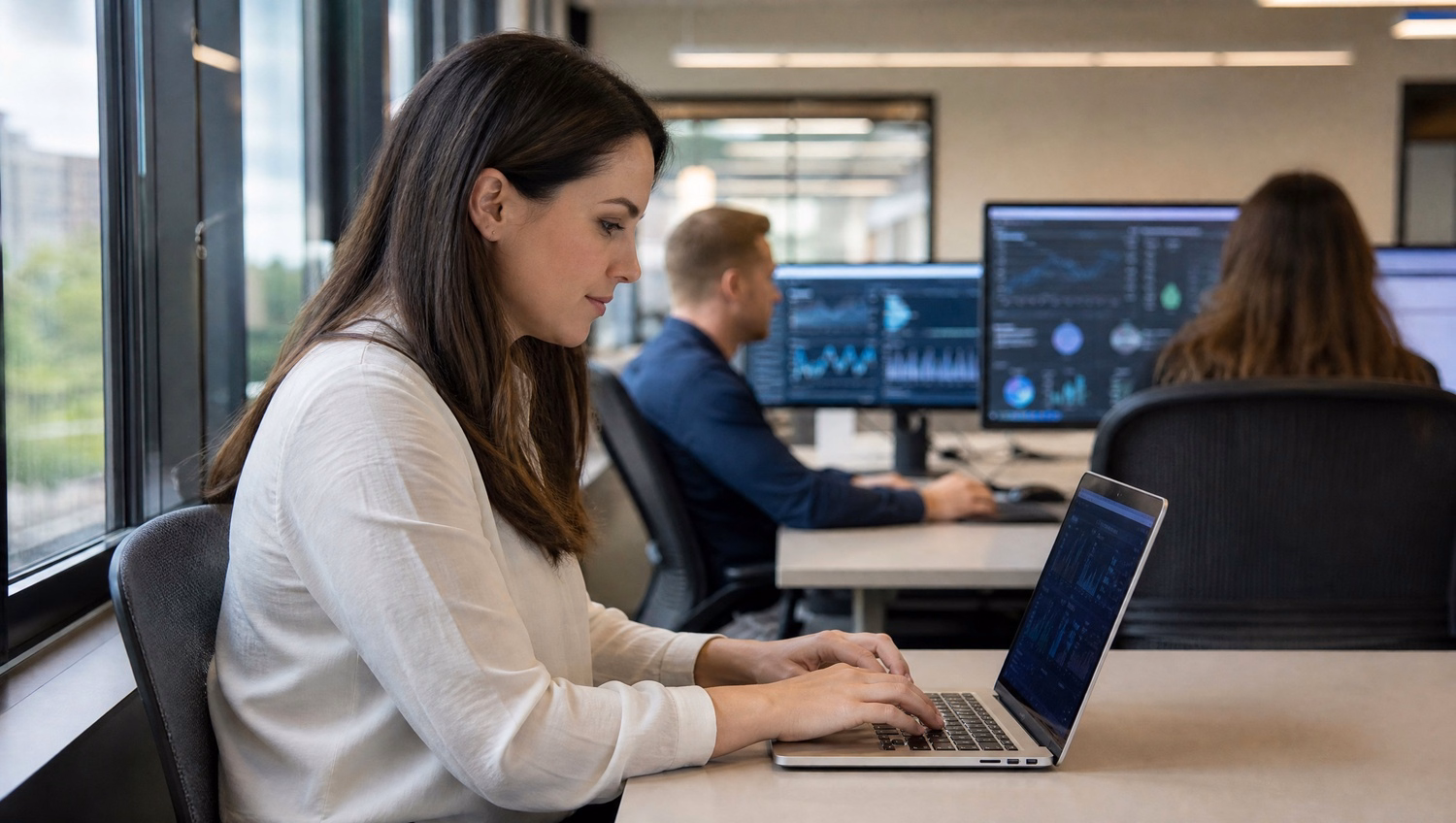 Woman at window desk typing on laptop dashboard