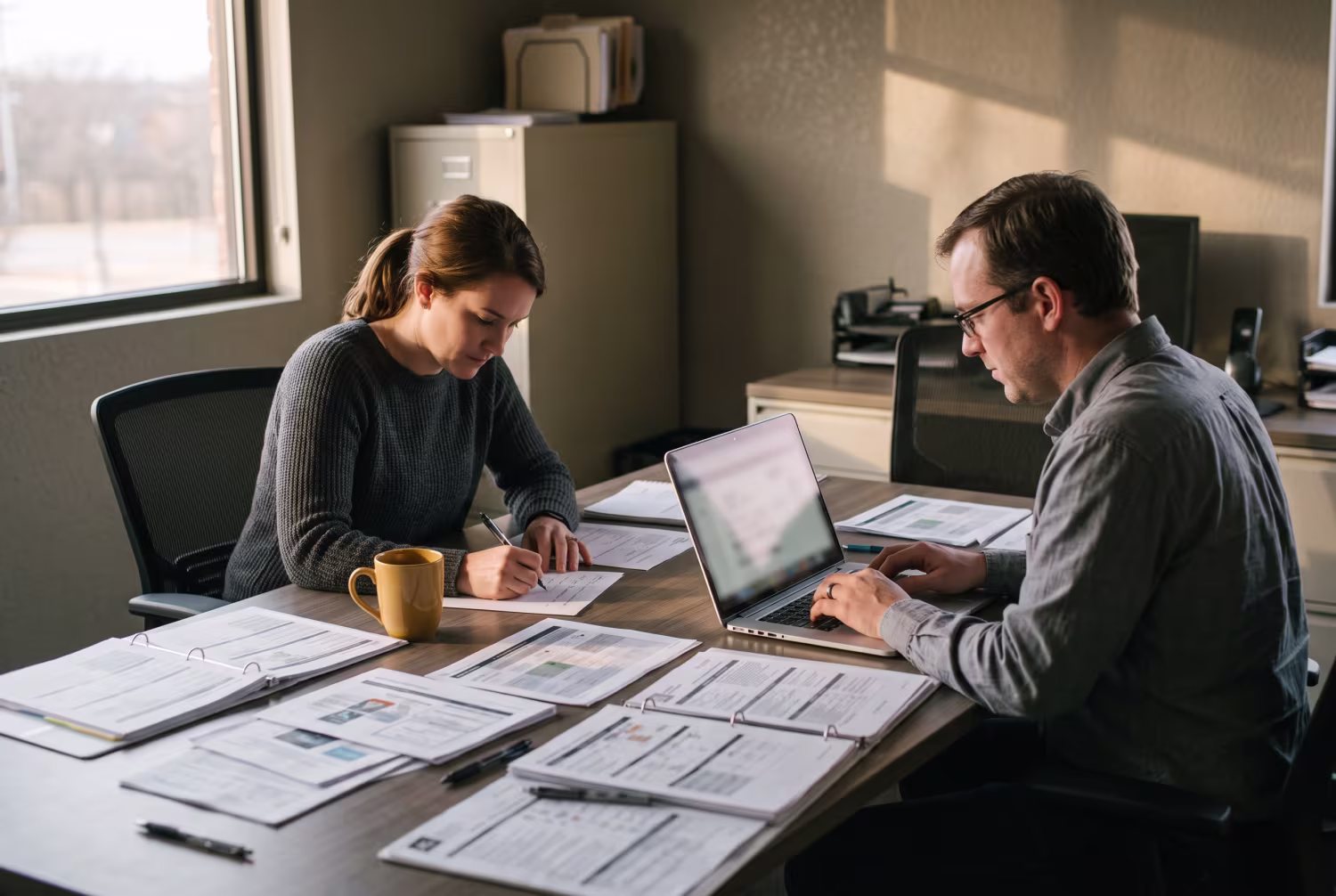 IT specialists reviewing risk assessment documents in Denton office
