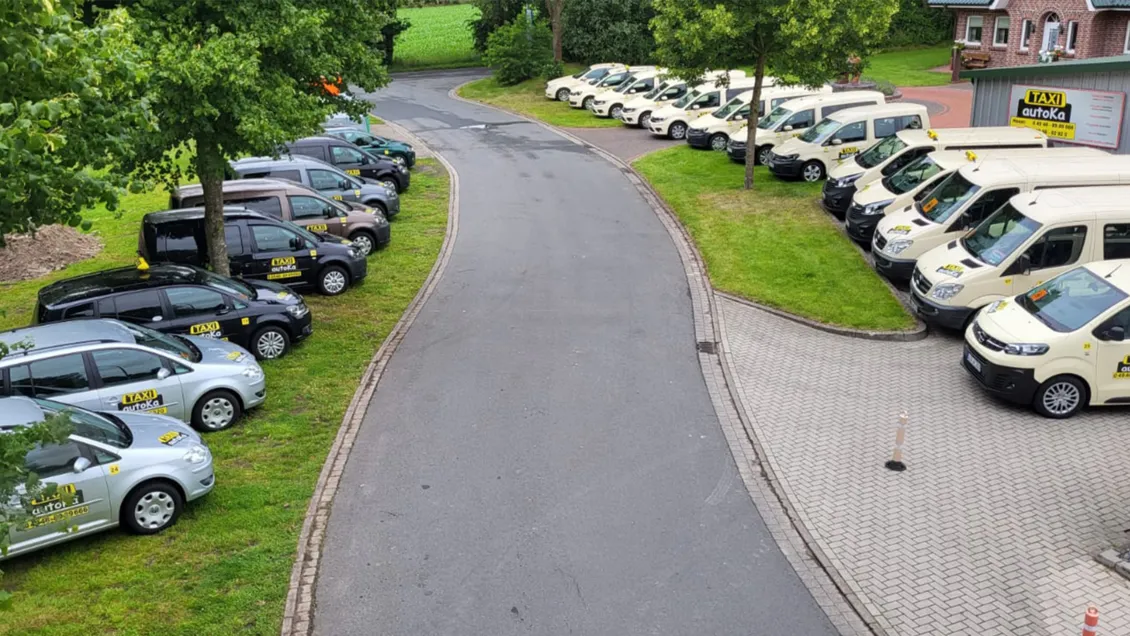 Zahlreiche Taxis von Taxi autoka in verschiedenen Farben, geparkt entlang einer kurvigen Straßenumgebung mit Bäumen und Grünflächen.