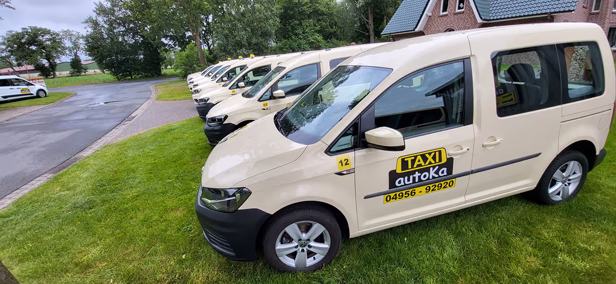 Reihe von hellbeigen Taxi-Vans auf grasbewachsenem Gelände neben einer Straße.