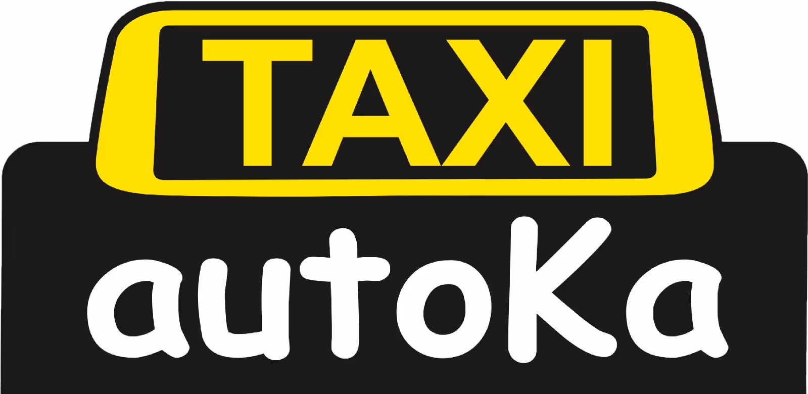 Taxizeichen in Gelb mit dem Schriftzug autoka darunter in Weiß auf schwarzem Hintergrund.