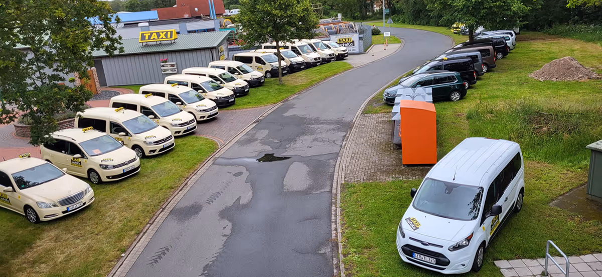 Mehrere weiße Taxis und Fahrzeuge stehen entlang einer kurvigen Straße auf grasbewachsenen Flächen nebeneinander geparkt.