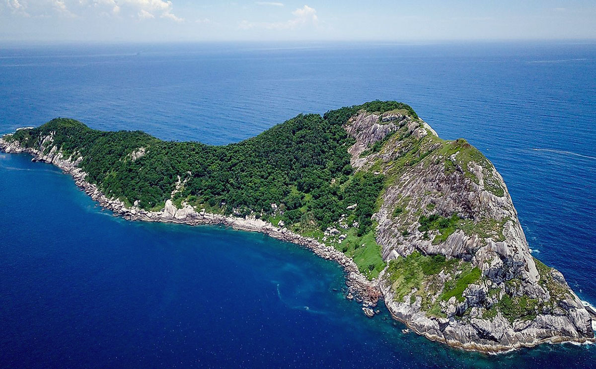 Snake Island off the coast of Brazil, with steep rocky cliffs, dense green forest, and deep blue ocean surrounding the island.