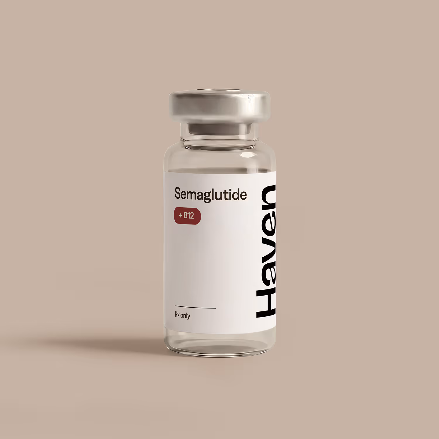Clear vial labeled Semaglutide + B12 with the brand name Haven on a beige background.