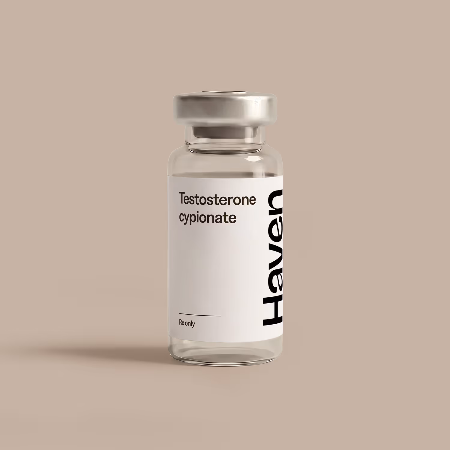 Clear vial labeled Testosterone cypionate by Haven, prescription medication.
