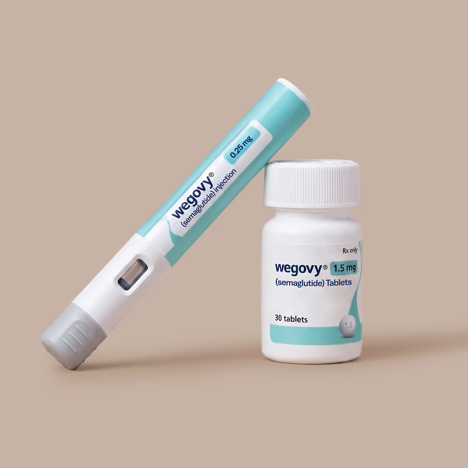 Wegovy medication set with 0.25 mg injection pen and 1.5 mg tablet bottle on beige background.