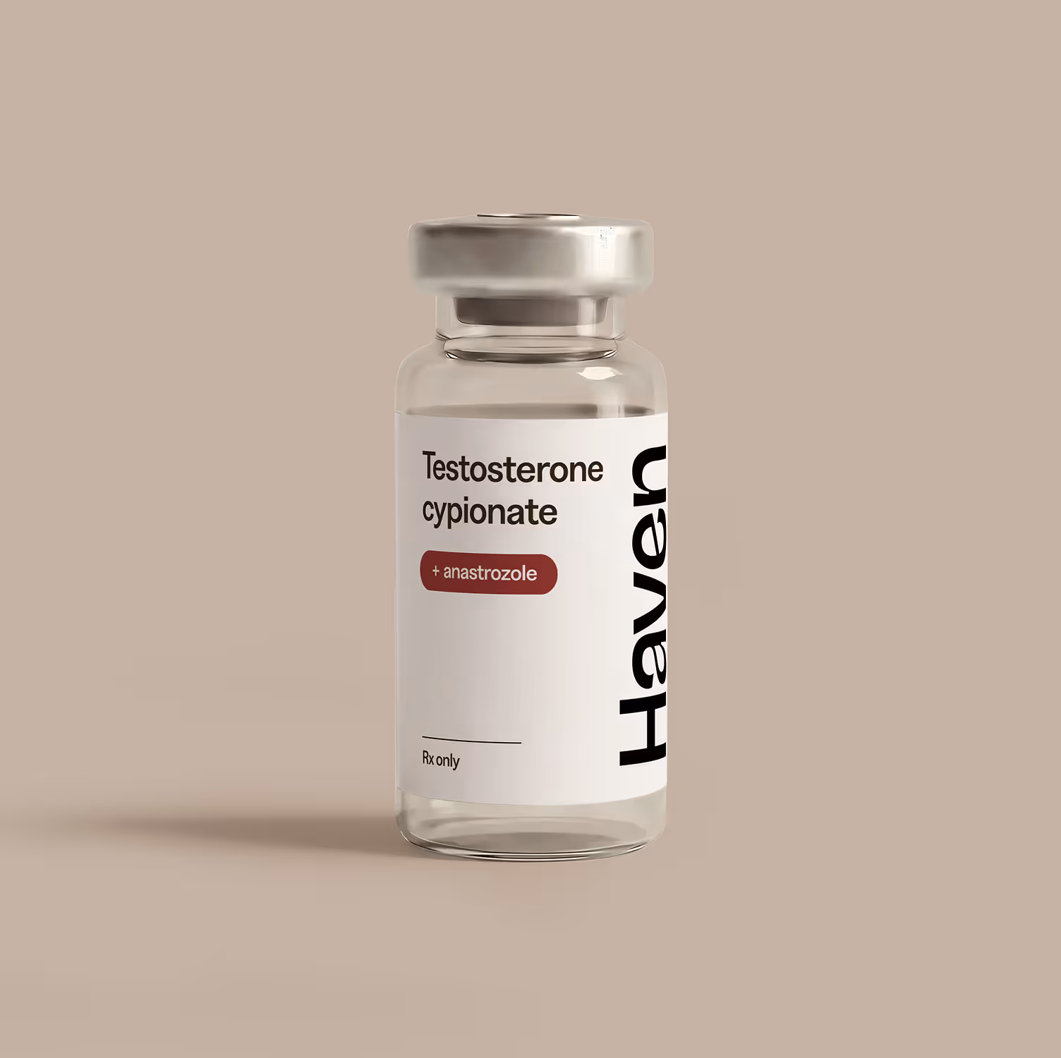 Clear vial labeled Testosterone cypionate plus anastrozole medication by Haven on beige background.