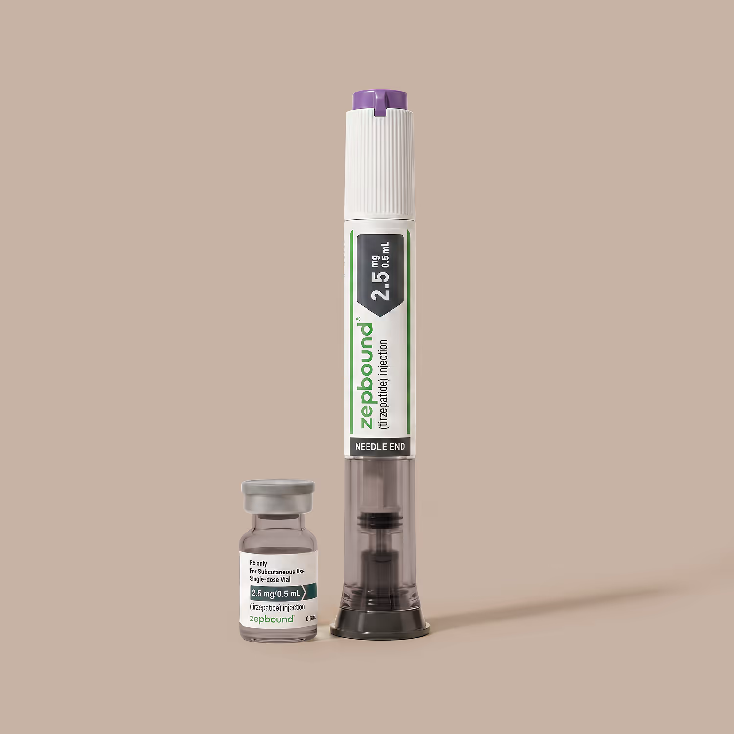 Zepbound 2.5 mg/0.5 mL injection vial and pen injector on a beige background.
