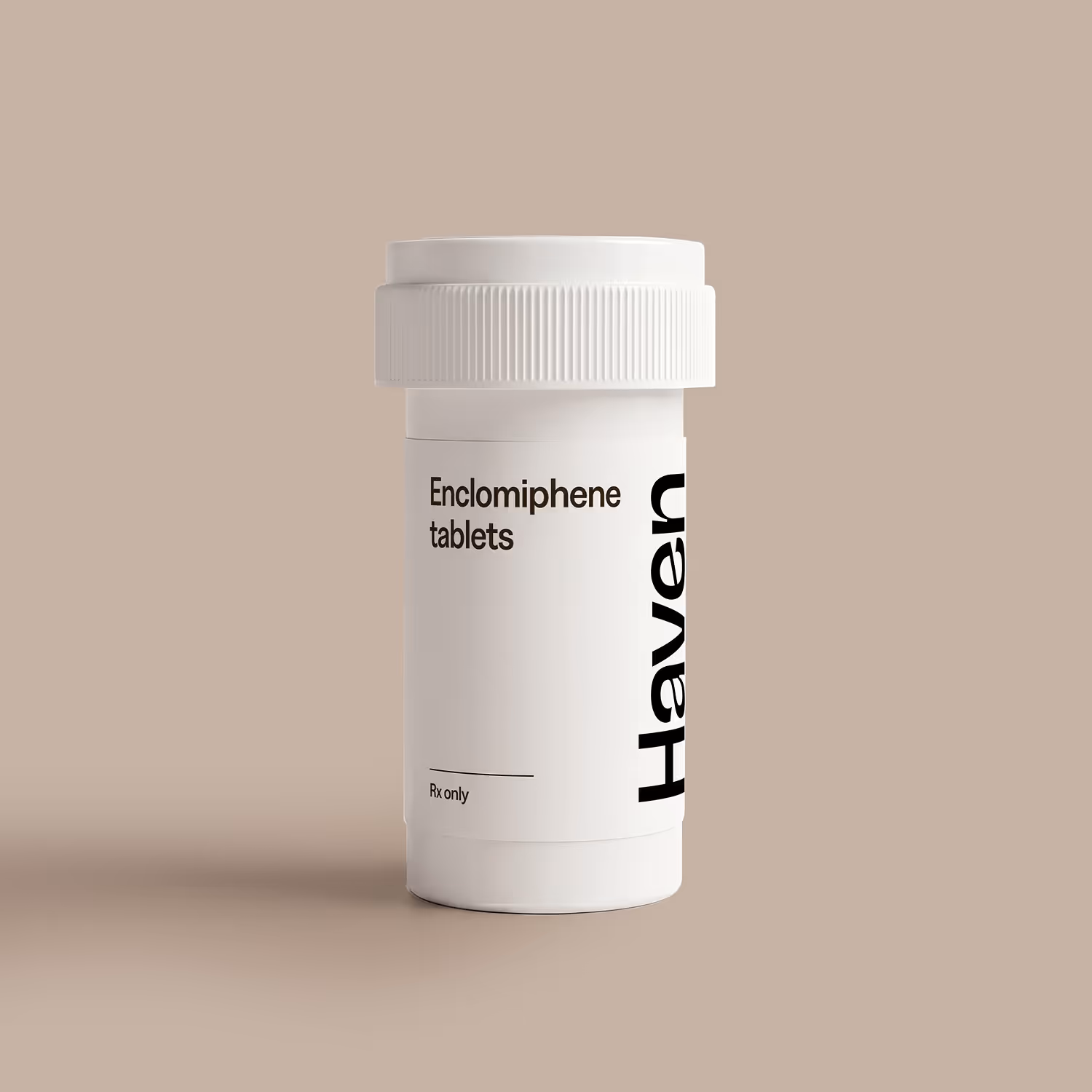 White prescription bottle labeled Enclomiphene tablets with brand name Haven on beige background.
