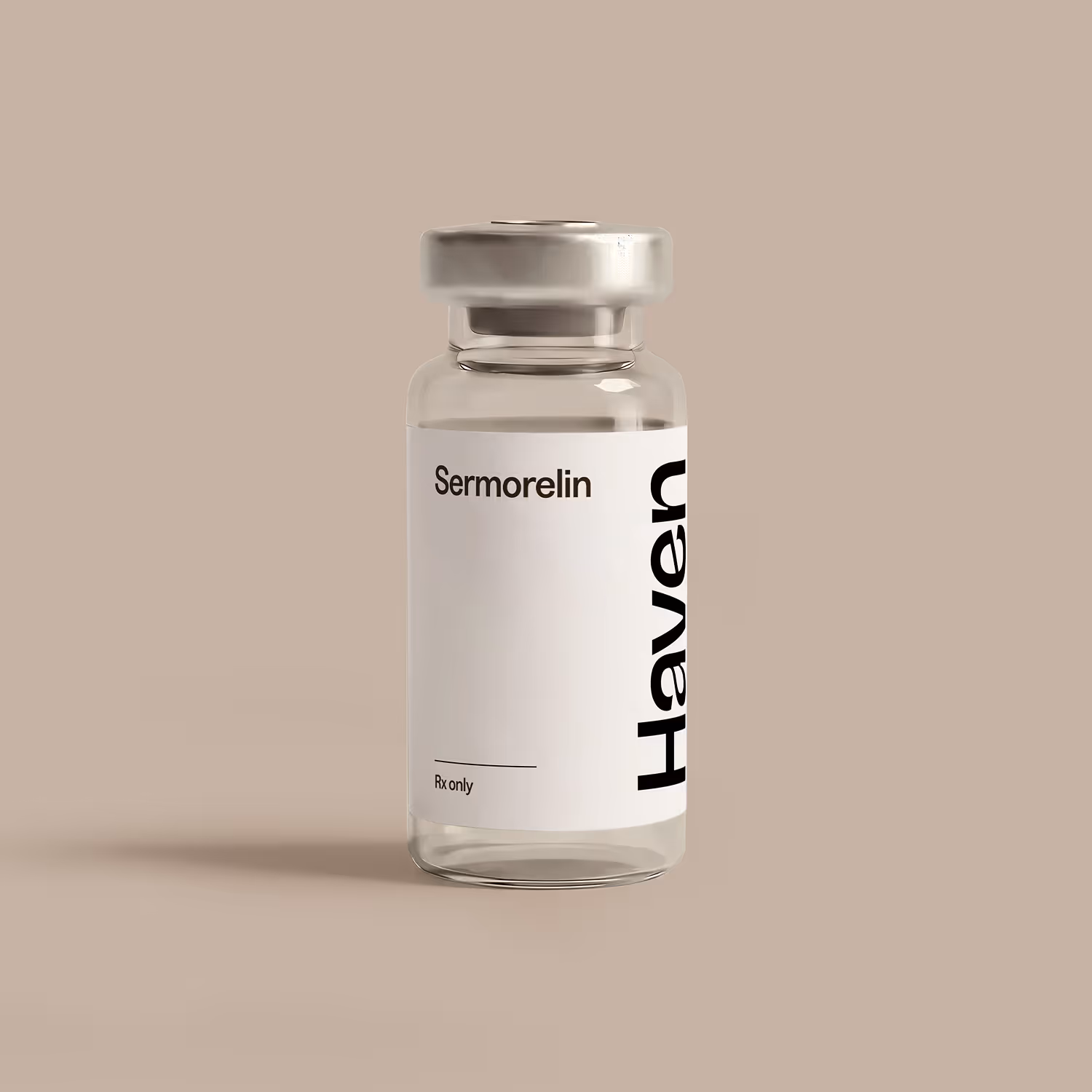 Clear vial labeled Sermorelin from Haven with metal cap on beige background.