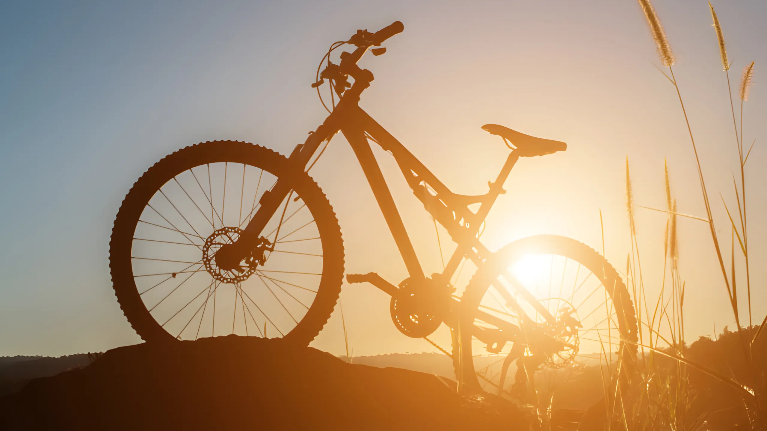 Fahrrad im Sonnenuntergang auf einem Hügel als Symbol für Freiheit und Bewegung