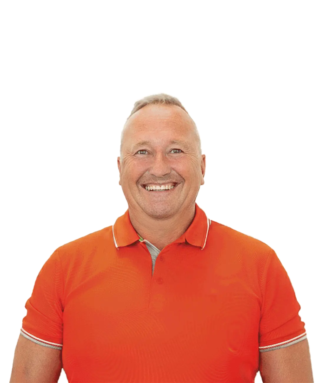 Smiling middle-aged man with short gray hair wearing an orange polo shirt.