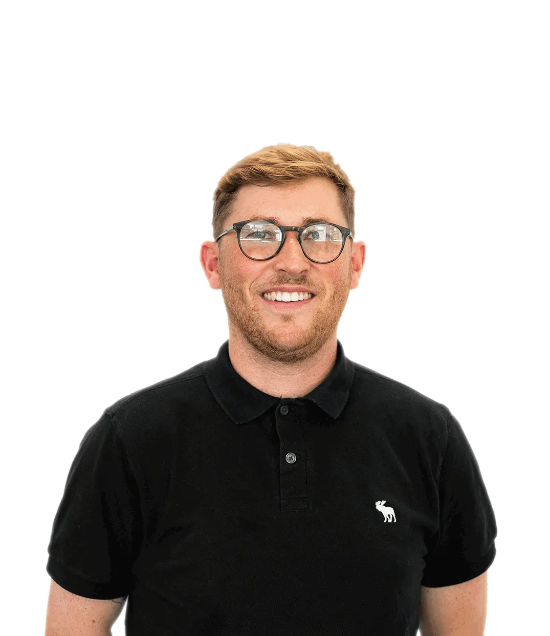 Smiling man with light brown hair and glasses wearing a black polo shirt with a small white moose logo.