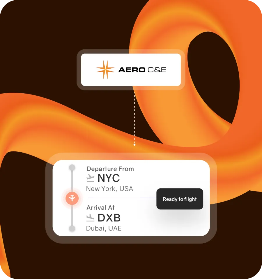 Flight information card showing departure from NYC, New York, USA to arrival at DXB, Dubai, UAE with Aero C&E logo and 'Ready to flight' status.