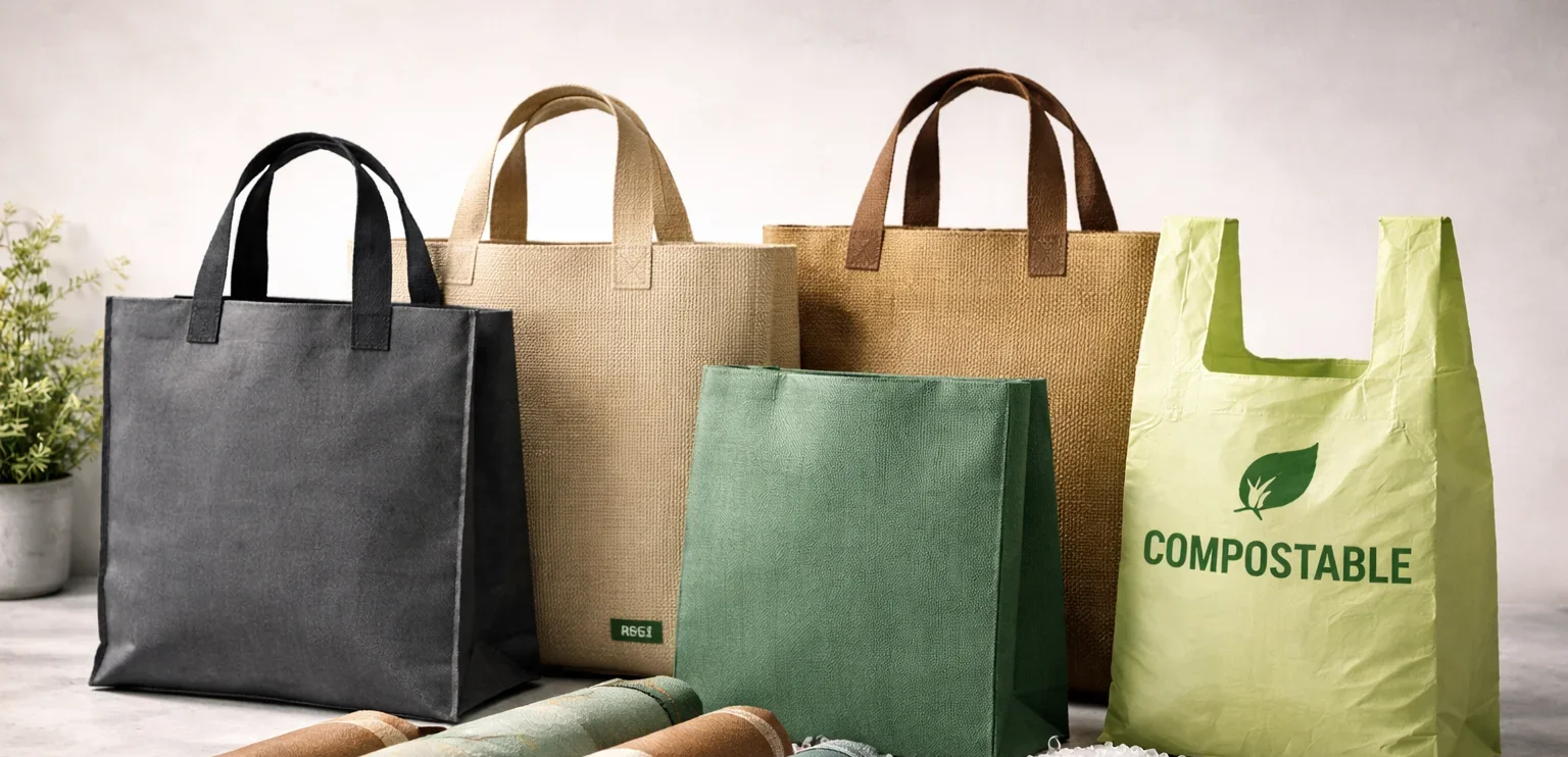 Assorted eco-friendly reusable bags in different materials and colors