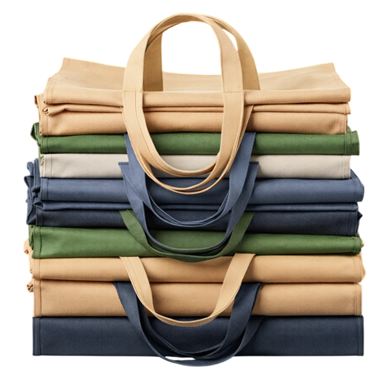 Stack of folded canvas tote bags in beige, green, and blue with matching handles.