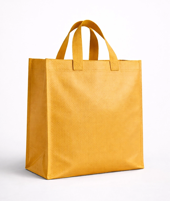 Yellow woven polypropylene tote bag with reinforced handles