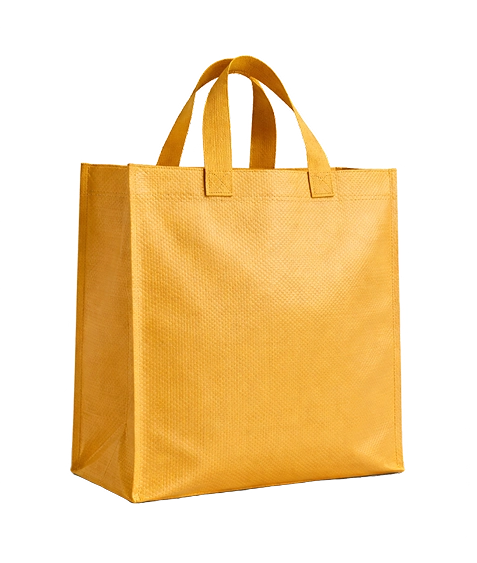 Yellow woven polypropylene tote bag on transparent background