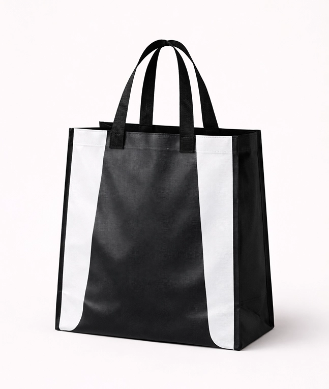 Reusable black and white RPET shopping bag made from recycled polyester material