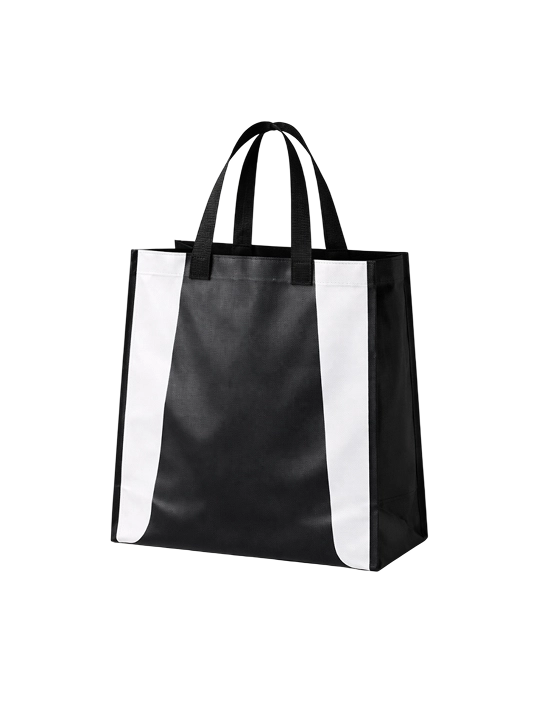 Black and white RPET tote bag made from recycled PET with sturdy handles on transparent background