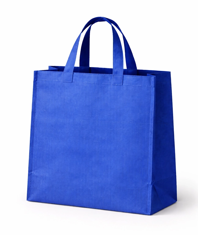 Blue woven polypropylene reusable shopping bag with structured shape and stitched handles