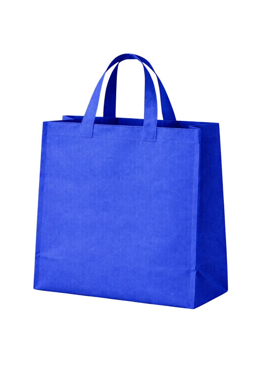 Blue non-woven polypropylene tote bag with reinforced handles on transparent background