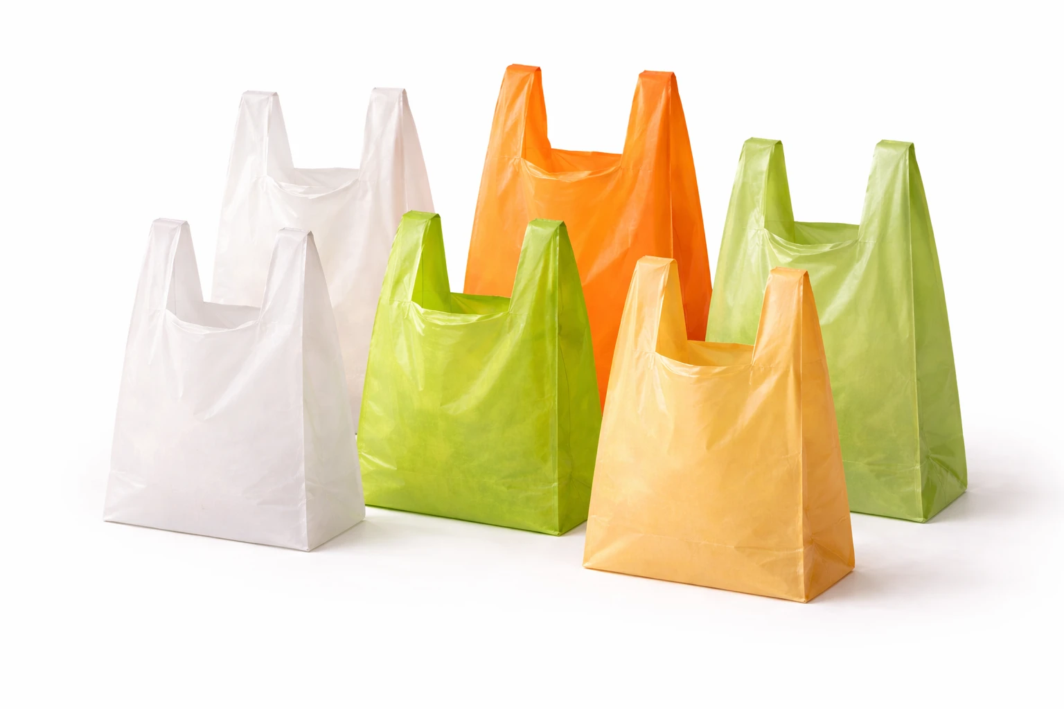 HDPE and LDPE polyethylene shopping bags in assorted sizes and colors for grocery and retail use