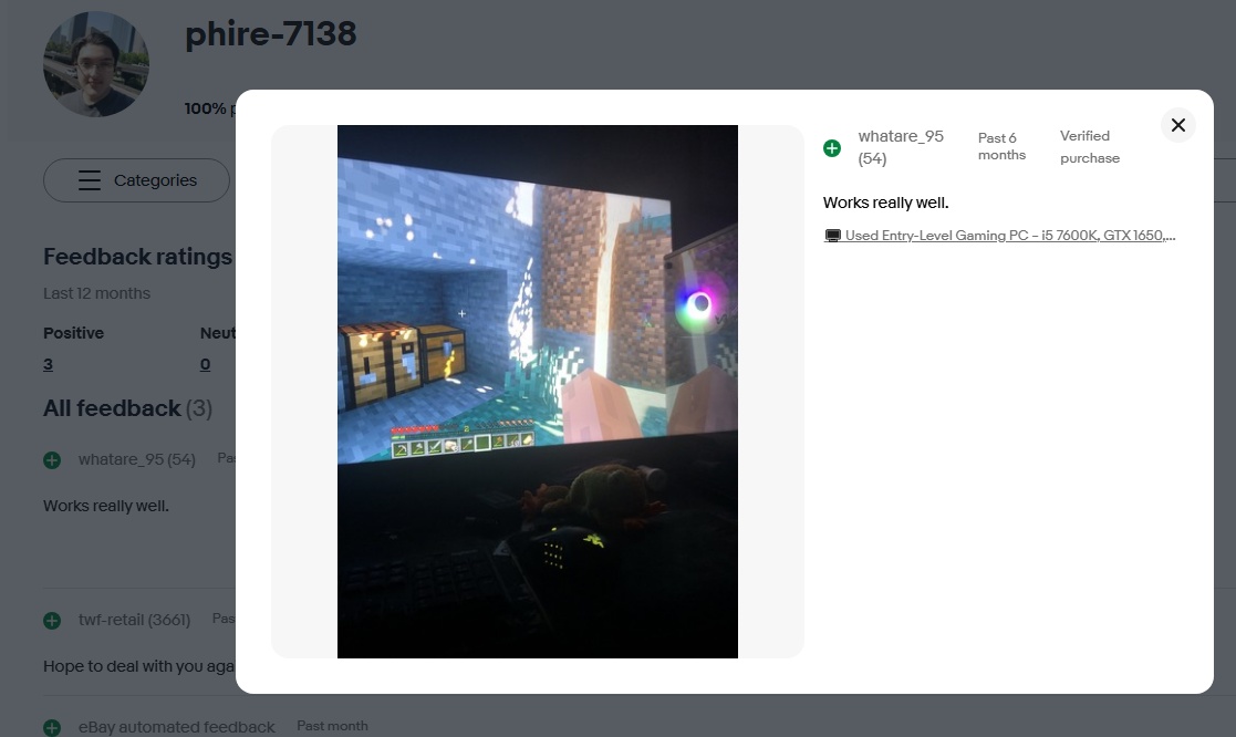 capture of my first review on Ebay. The cutomer says "Works really well" along with a picture of them running Minecraft with Shaders