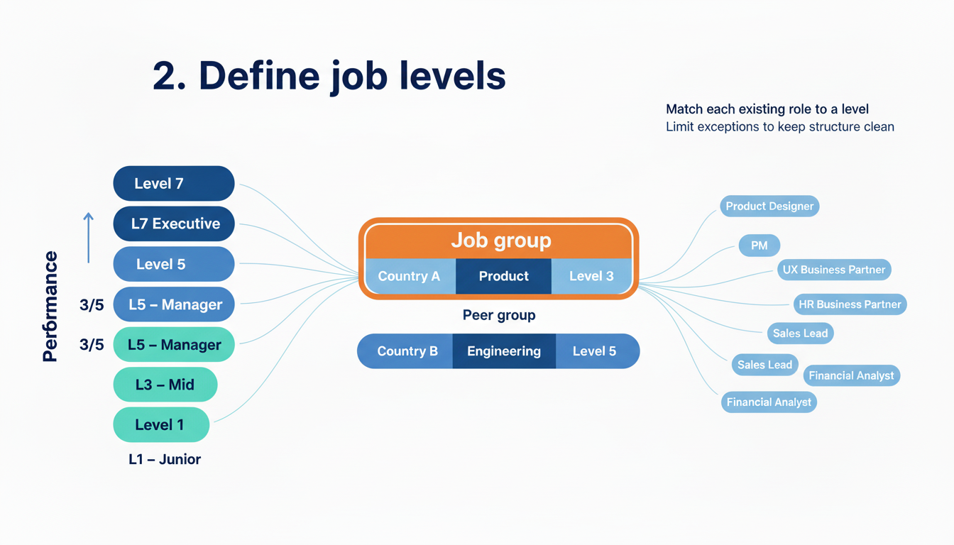 HR illustration explaining how to define job levels and create job groups from job family, level, and location.
