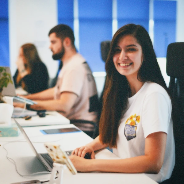 Smiling young woman with long dark hair sitting at a desk with a laptop in a bright office, two colleagues working in the background.