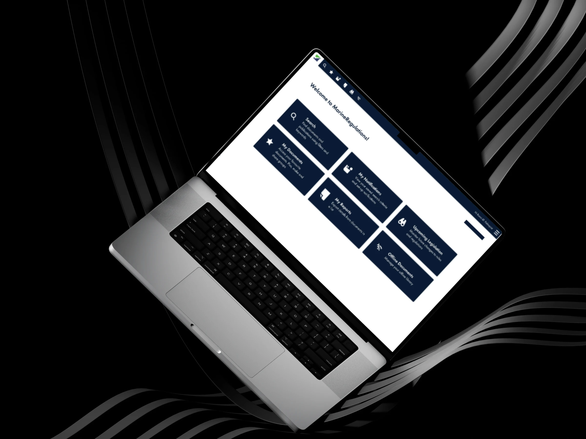 Laptop displaying the 'MarineRegulations' dashboard with search and document tools against a black abstract background.