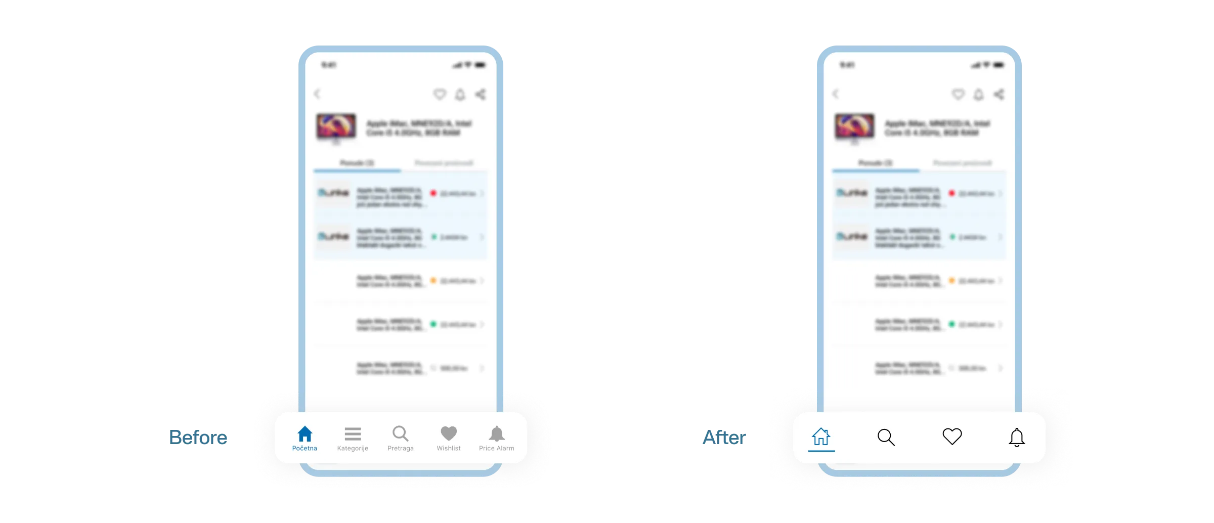 Before and after, redesigned screens