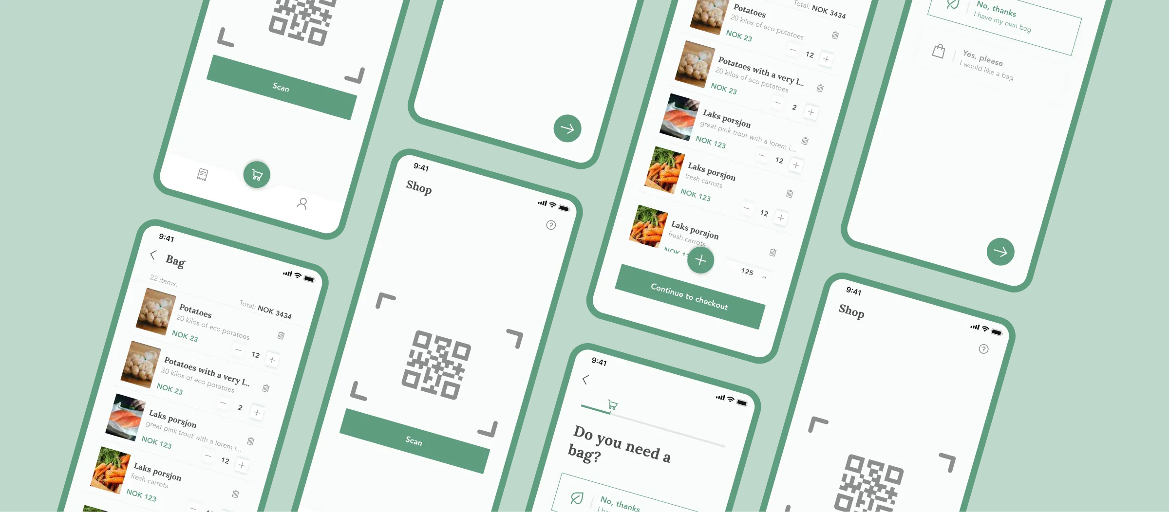 Overview of a clean mobile app interface for self-checkout shopping, featuring screens for scanning QR codes, a digital shopping bag listing items.